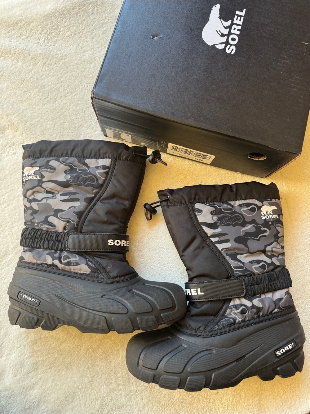 Sorel Kids Black and Gray Camo Winter Boots